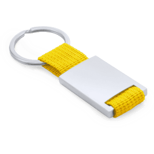 A yellow keyring with a woven strap and a silver metal attachment. It features a logo on the metal part.
