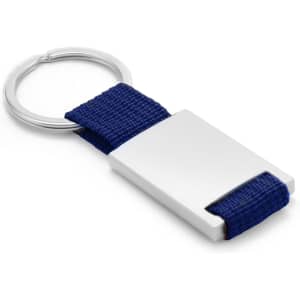 A silver keyring with a navy blue fabric strap, featuring a rectangular metal piece and a circular keyring attachment.