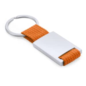 A rectangular keyring with an orange fabric strap and a silver metal clip.