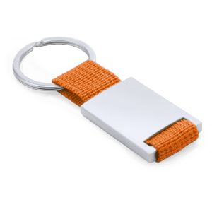 An orange fabric keyring with a silver metal attachment and a circular ring.