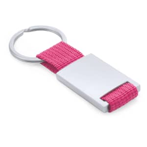 A pink keyring with a silver metal attachment, featuring a woven strap and a round keychain loop.