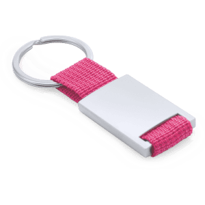 A pink keyring with a silver metal tag and a circular keyring attachment.