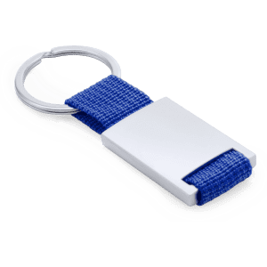 A blue keyring with a metal clasp and a fabric strap. It includes a circular keyring attachment.