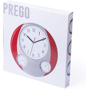 A wall clock in a red and silver design, displayed in a white box. The clock features two smaller dials on the bottom.