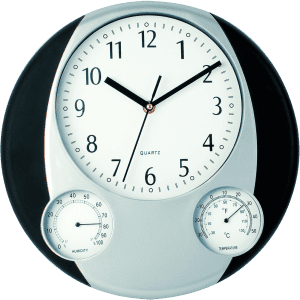 A silver and black wall clock with a white face, featuring large numbers and dials for humidity and temperature.