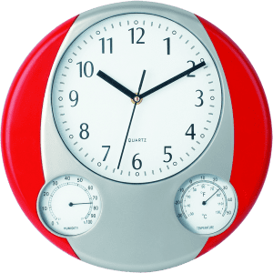 A round wall clock featuring a white face, black hour markers, and red accents, with humidity and temperature gauges.