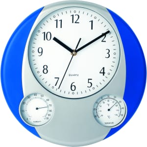 A round wall clock with a blue and grey design, featuring white hour markers, black hands, and dials for humidity and temperature.