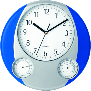 A wall clock featuring a white face, black numbers, and blue and grey casing, with humidity and temperature gauges.