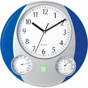 A round wall clock featuring a blue and silver design, with a white face, black hands, and gauges for humidity and temperature.