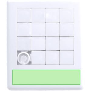A white Mazinger Mini Puzzle featuring a grid of movable tiles, with a blank space and a green label at the bottom.