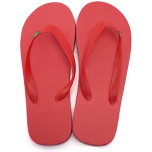 Bright red flip flops with a smooth sole and flexible straps, featuring a small logo on one strap.