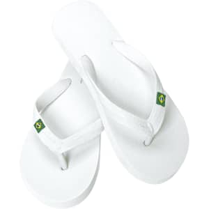 White flip flops with green and yellow detailing, featuring a logo. Suitable for casual summer wear.