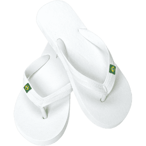 White thongs featuring a small logo, arranged in a pair for display.