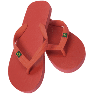 A pair of red Brasileira Flip Flops with a branding logo and thong-style straps.
