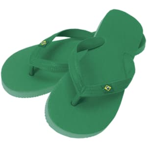 A pair of green flip flops with a simple design and a logo. Suitable for casual footwear.