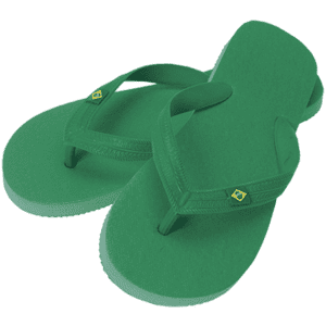 Green flip flops with a Brazilian flag logo, featuring a thong design and a textured footbed.