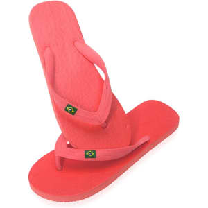 A pair of bright pink flip flops with a branded logo and thongs designed for casual footwear.