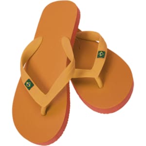 A pair of Brasiliera Flip Flops in orange with red soles, featuring a logo on the straps.
