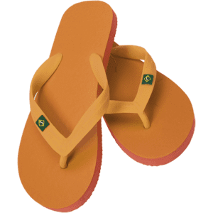 Bright orange flip flops with a yellow thong, featuring a logo on each strap.