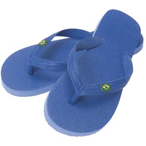 Blue flip flops with a thong design and a logo, featuring a simple and casual style.
