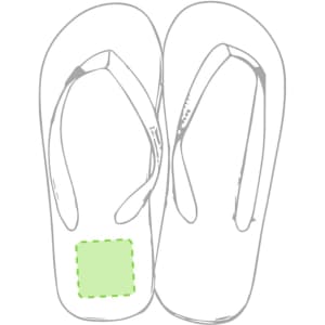 A pair of white flip flops with a green accent, featuring a logo on the sole.