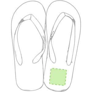 A pair of white flip flops with green accents and a logo on the sole, featuring classic thong-style straps.
