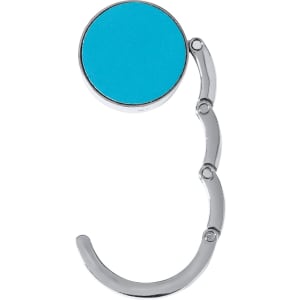 A turquoise foldable bag hanger with a shiny silver hook. It has a round section for branding.