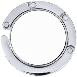 A round, shiny silver foldable bag hanger with a smooth surface and an attached hook.