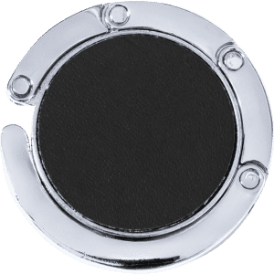 A round, chrome-finished foldable bag hanger with a black leather surface.