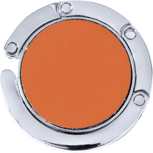 A round, foldable bag hanger in orange with a chrome finish, featuring a sleek design and a logo.