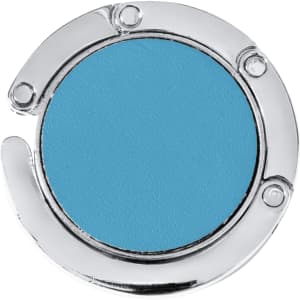 A round, foldable bag hanger in a shiny silver finish with a blue surface and a branded logo.