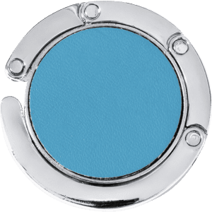 A round, foldable bag hanger in silver with a light blue surface and a logo.