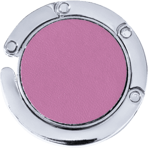 A circular, chrome bag hanger with a pink leather-like surface and a branding logo.