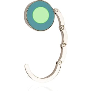 A foldable bag hanger with a circular green and blue design, featuring a metallic silver connector.