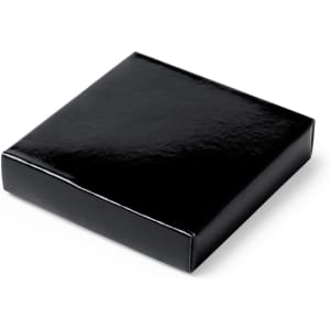 A black, glossy box with a square shape and no visible contents. It features a smooth surface and sharp edges.