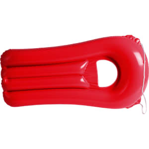 A bright red inflatable air mattress with three grooves and a central handle. It features a rope for easy attachment.