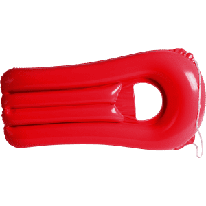 A red inflatable air mattress with a central handle, designed for leisure use outdoors.