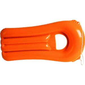 An orange inflatable air mattress with a central handle, featuring three channels for comfort and stability.