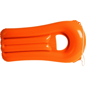 An orange inflatable air mattress with a handle, featuring a smooth surface and streamlined design.