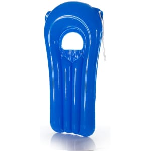 A blue air mattress with a wave design and a central hole for comfort, featuring a logo on the side.