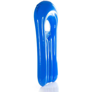 A blue inflatable air mattress with an ergonomic design, featuring a transparent hole at the headrest area.