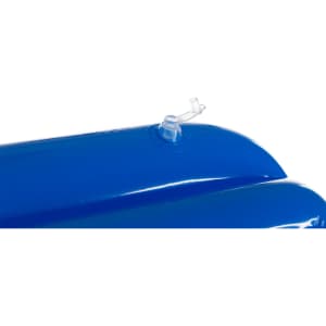 A blue air mattress featuring a valve for inflation, with a smooth and glossy surface. It has a small logo.
