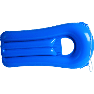A blue air mattress with a cut-out section and smooth surface, featuring a branding logo.