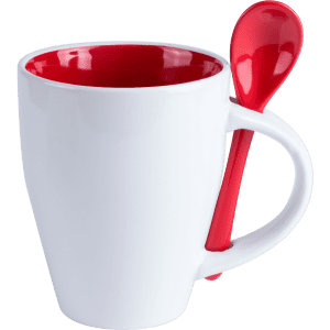 A white mug with a red interior and a matching red spoon attached to the handle.