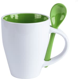 A green and white coffee mug featuring a matching spoon attached to the handle.