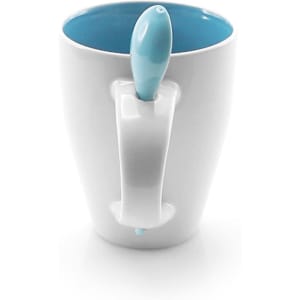 A white mug with a blue interior and a matching spoon integrated into the handle, featuring a logo.