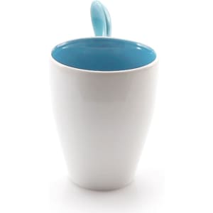 A coffee mug with a sleek white exterior and a light blue interior, featuring a matching blue handle.