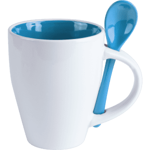 A coffee mug with a white exterior and blue interior, featuring a matching blue spoon attached to the handle.