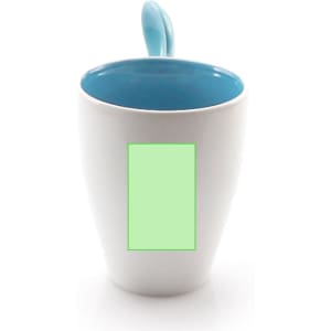 A coffee mug featuring a white exterior, a blue interior, and a blue handle. It has a logo on the front.