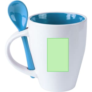 A coffee mug in white with a blue interior and a matching spoon attached to the handle. It features a blank space for customisation.